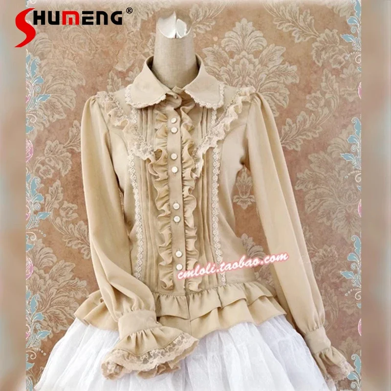 New Spring Women's Ruffles Lace Splicing Long Sleeve Shirt Tops Elegant Solid Color Ladies Lace-Up Slim Lolita Retro Blouses