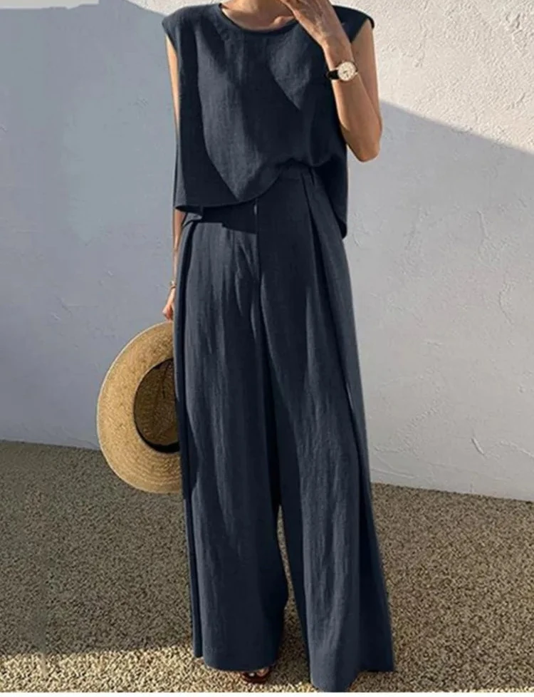 

Весна-лето, однотонный хлопково-льняной комплект из двух предметов, женские модные повседневные топы без рукавов, свободные широкие брюки, женские комплекты