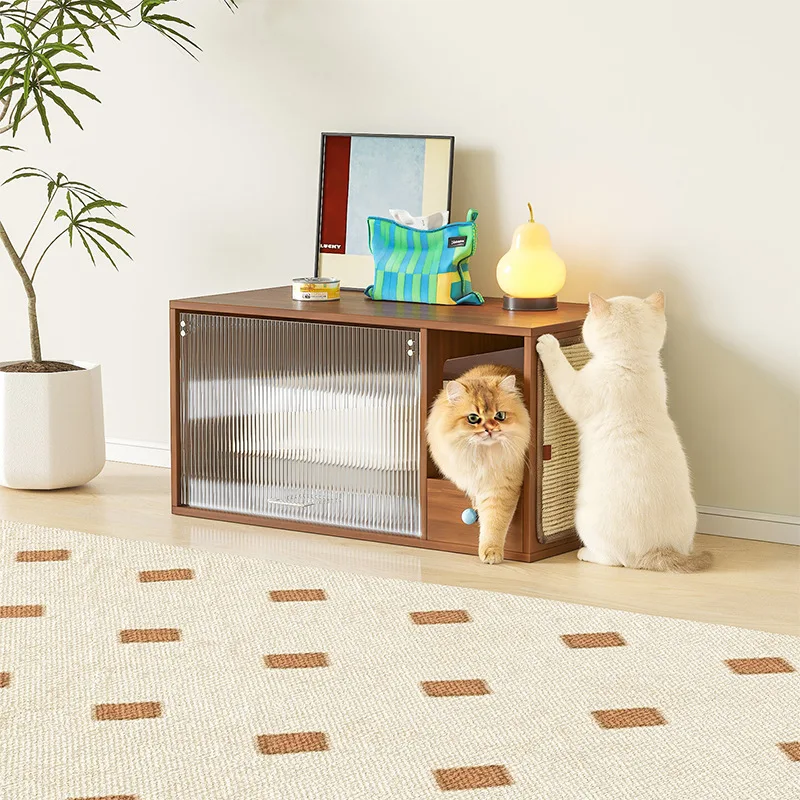 New Vintage-style cat Litter Cabinet Solid Wood 3-in-1 cat Toilet DIY Modular Combination Floor-standing TV Unit Breathable