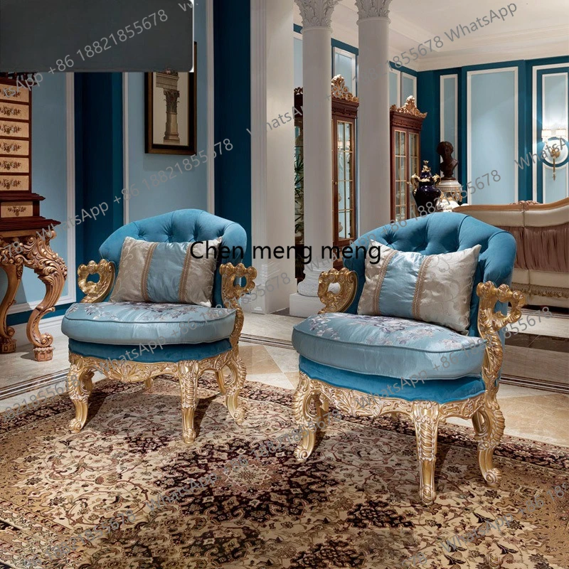 

European fabric leisure chair solid wood hand-carved sofa chair individual unit sofa armrest back chair