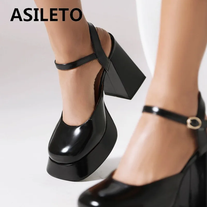 

ASILETO Design Women Pumps Round Toe Block High Heels 10.5cm Platform 3cm Buckel Strap Sweet Girls Daily Shoes Plus Size 42 43