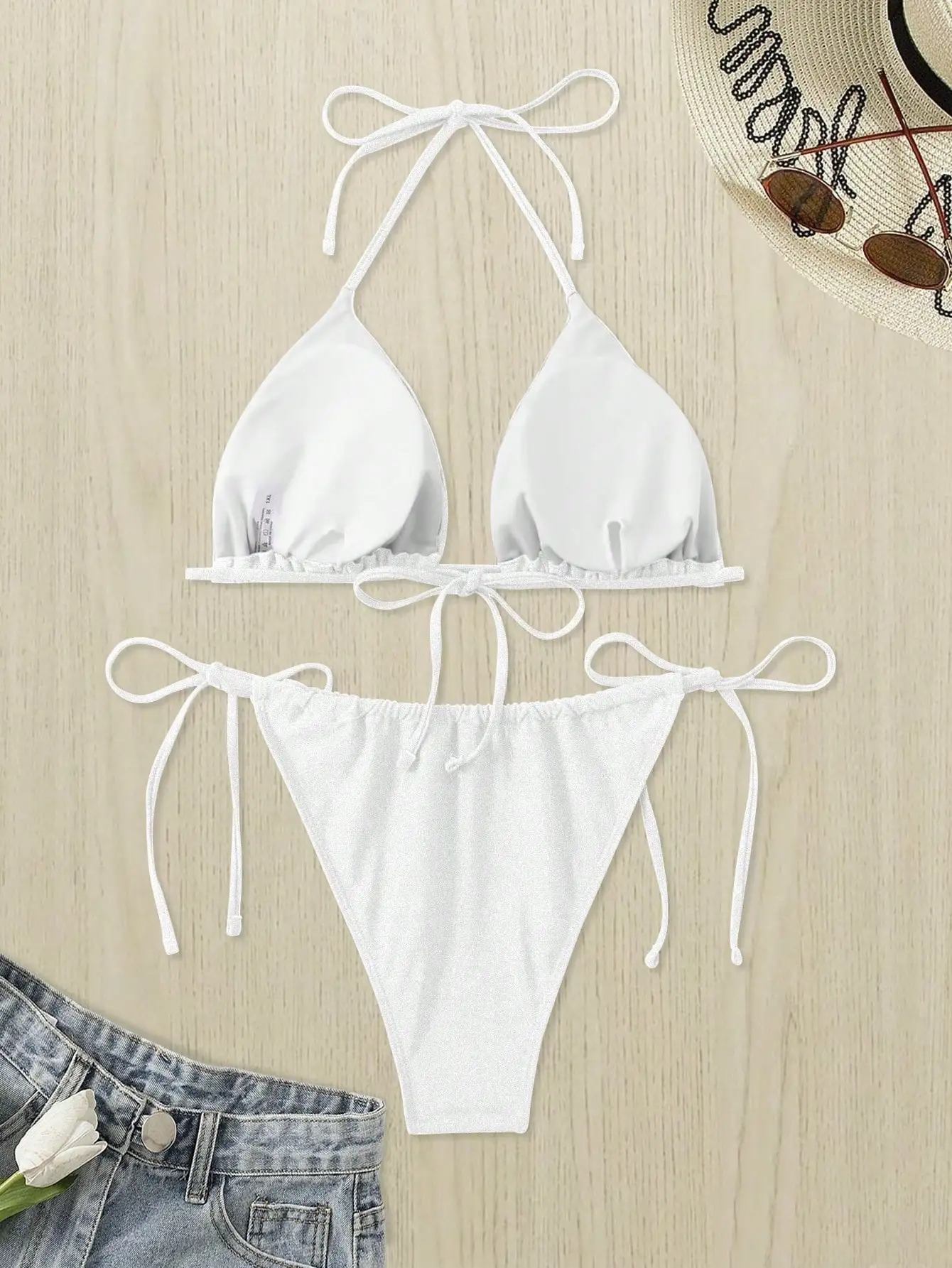 

Белый кружевной комплект бикини с завязками на шее, треугольный, женский, сексуальный, пляжный купальник