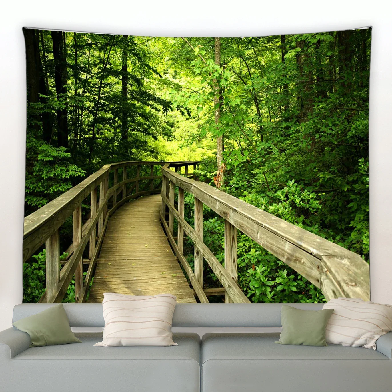 Rural Nature Landscape Tapestry Forest Plant Rustic Wooden Bridge Waterfall Fabric Wall Hanging Living Room Bedroom Garden Decor