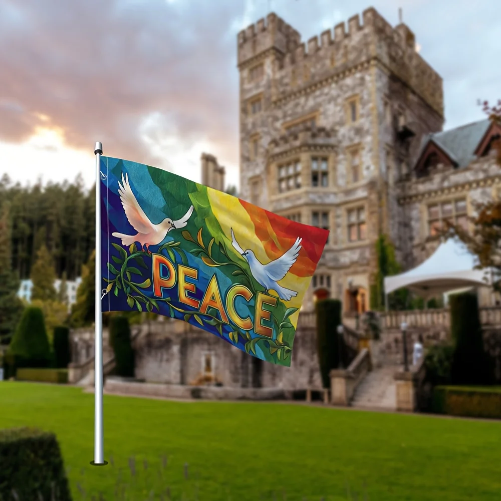 Vibrant Peace Love World Flag Modern Art Design with Doves of Harmony Rainbow Colors Polyester Ideal for Indoor Outdoor Garden