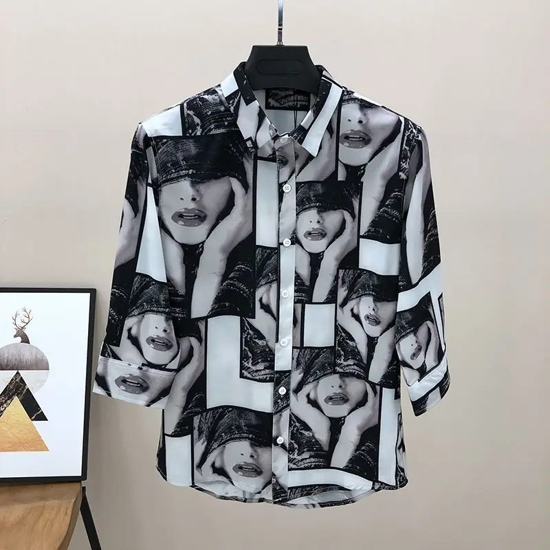 Summer New Shirt Men's Puffy Handsome Printed Korean Style Short-sleeved Fashionable Slim-fit Casual Mid-sleeved Shirt