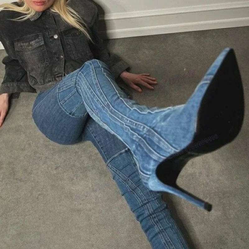 Stivali sopra il ginocchio in Denim blu scarpe a punta per le donne calzini sottili con tacco alto stivali scarpe da donna Sexy 2023 Zapatos Para