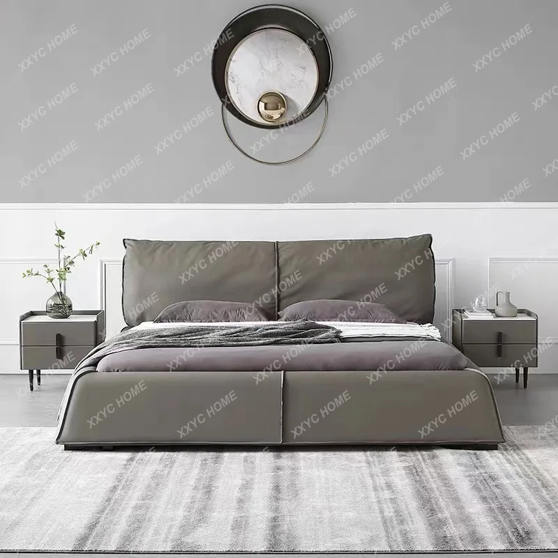 

Легкая роскошная кожаная кровать в современном стиле, простая, для небольшой квартиры, двуспальная кровать для главной спальни.