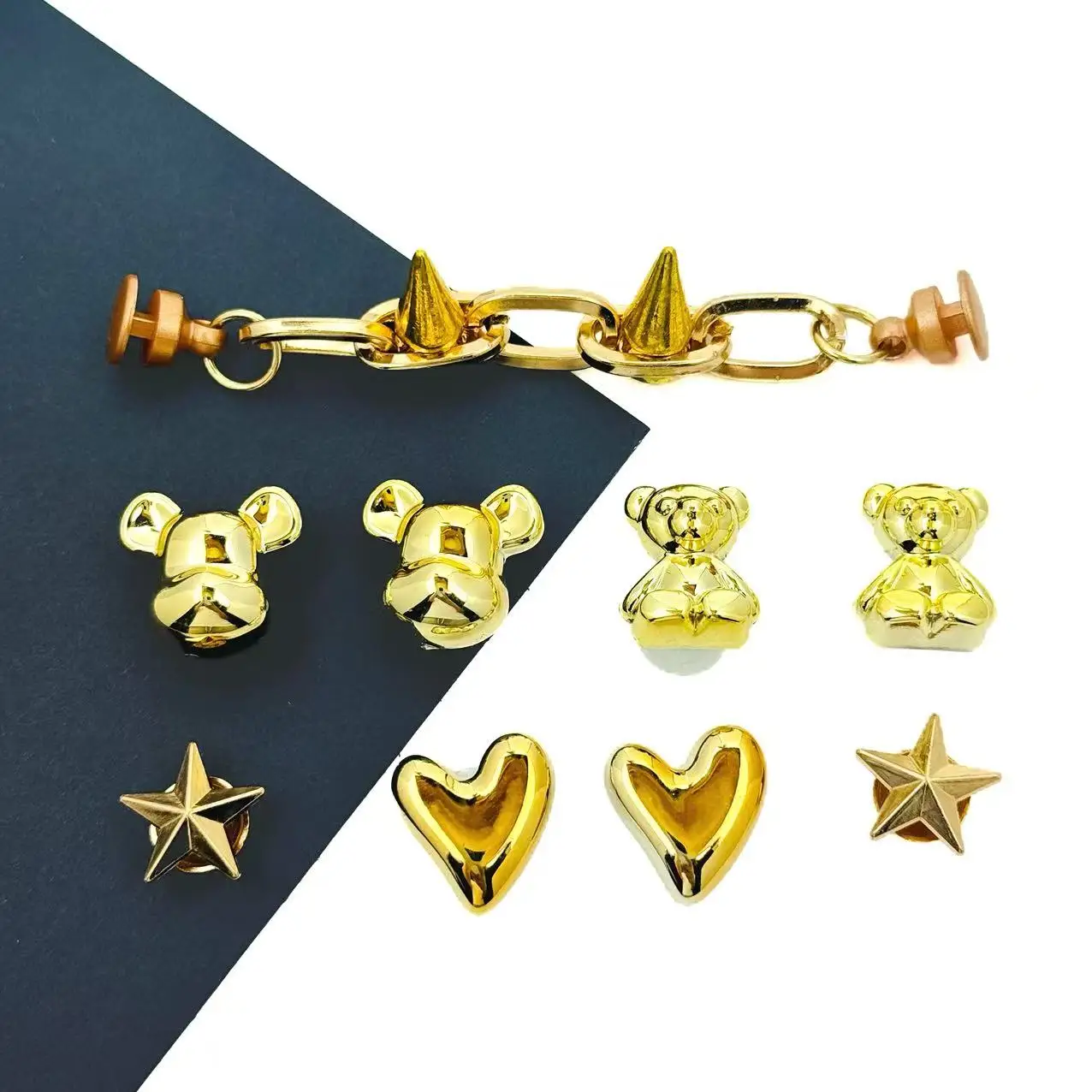 9Pcs Fashion Shoe Charms Set for Sandals Clogs Pins Accessories Golden Silver Bear Bow Chain Personalized Sneaker Decorations