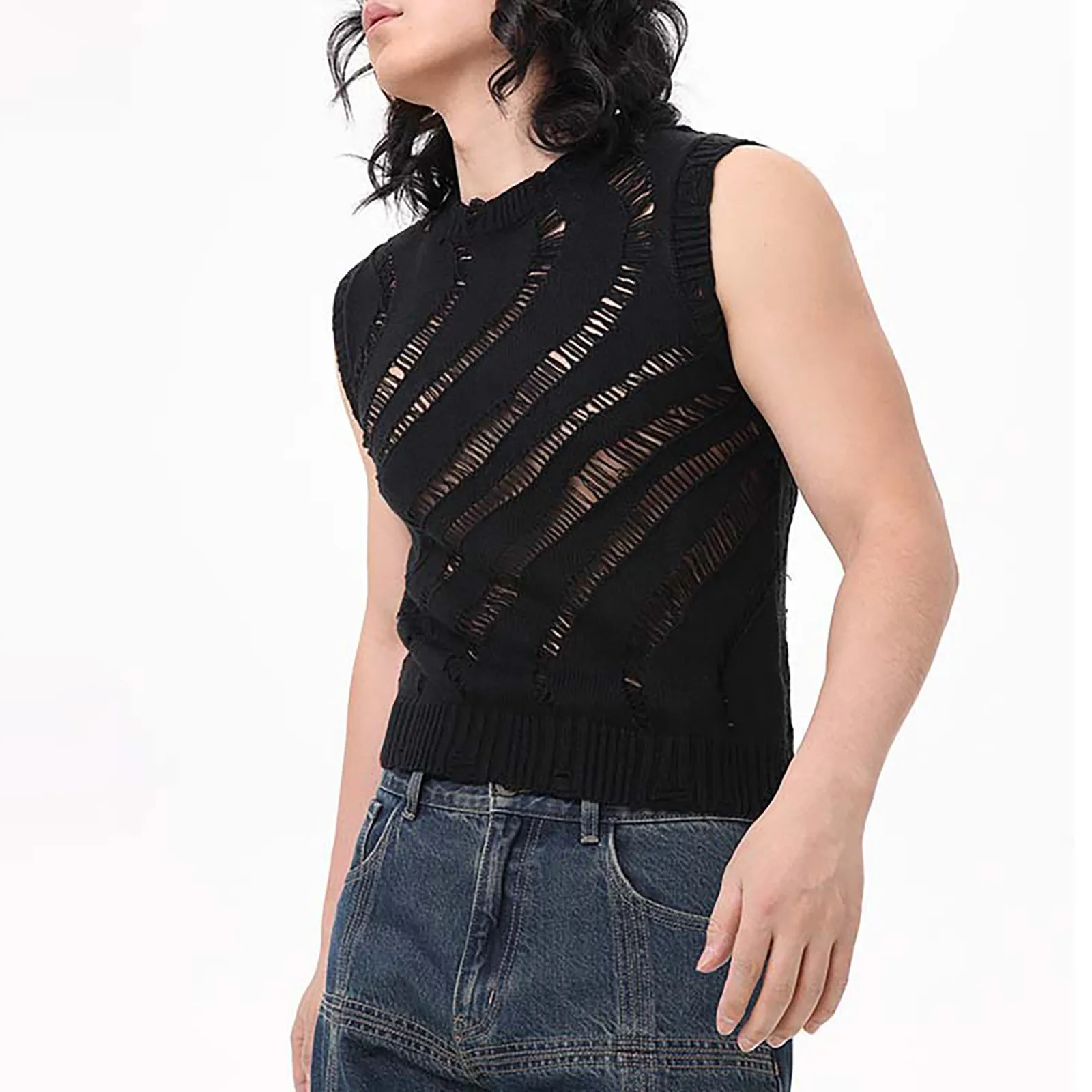 تي شيرت الخامس الرقبة الرجال رقيقة نوع سترة صافي سترة الرجال سترة فضفاضة الأبيض رقيقة نمط الجوف خارج العين قمصان رجالي كم طويل عادية #3