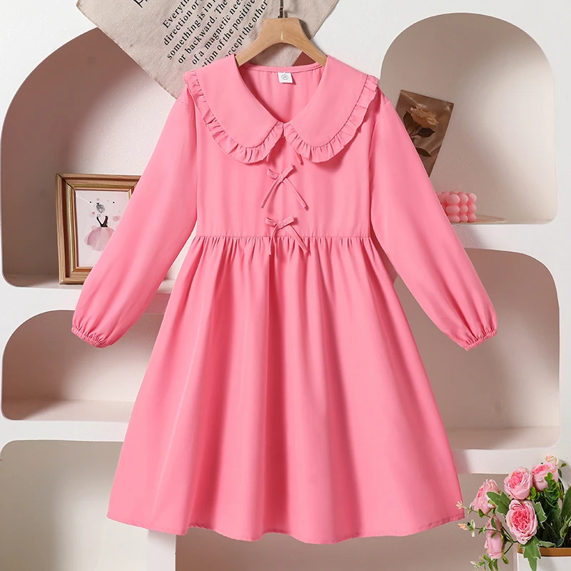 2025 New Girls Autumn Princess Dress Solid Color Pink Doll Collar Bow Long Sleeve A-Line Dress For Girls 8-12 Years Sweet Style