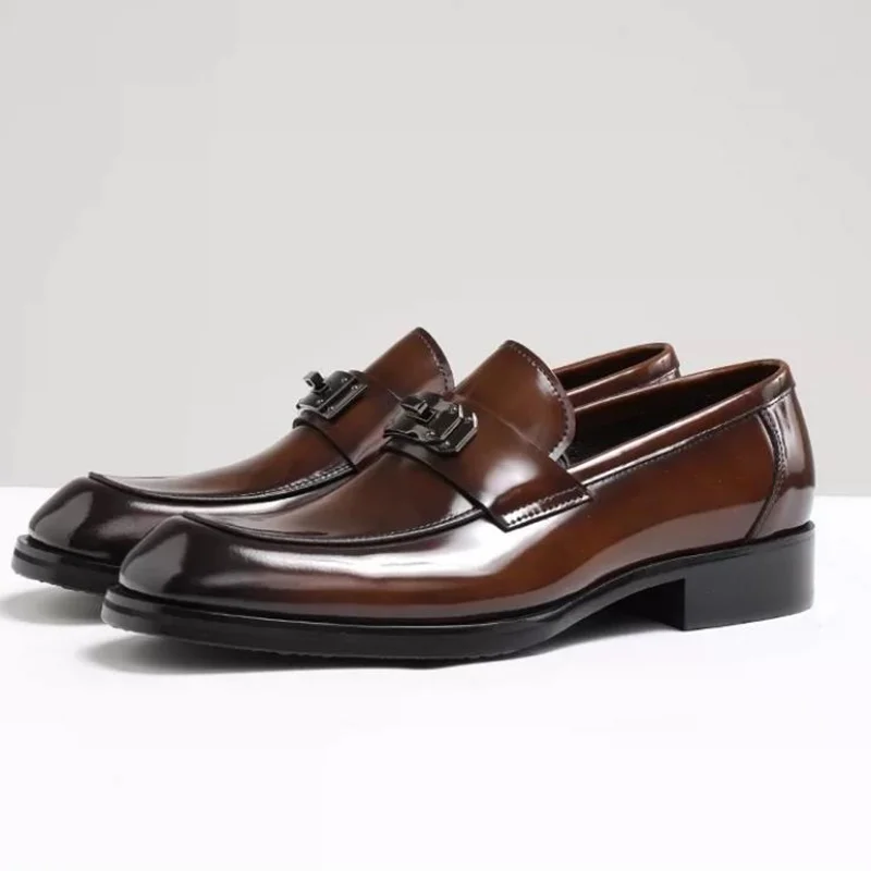 High-end First-layer Cowhide Sheepskin Lining One-step Business Casual Leather Shoes Men Italian Square-toe Dress Loafers