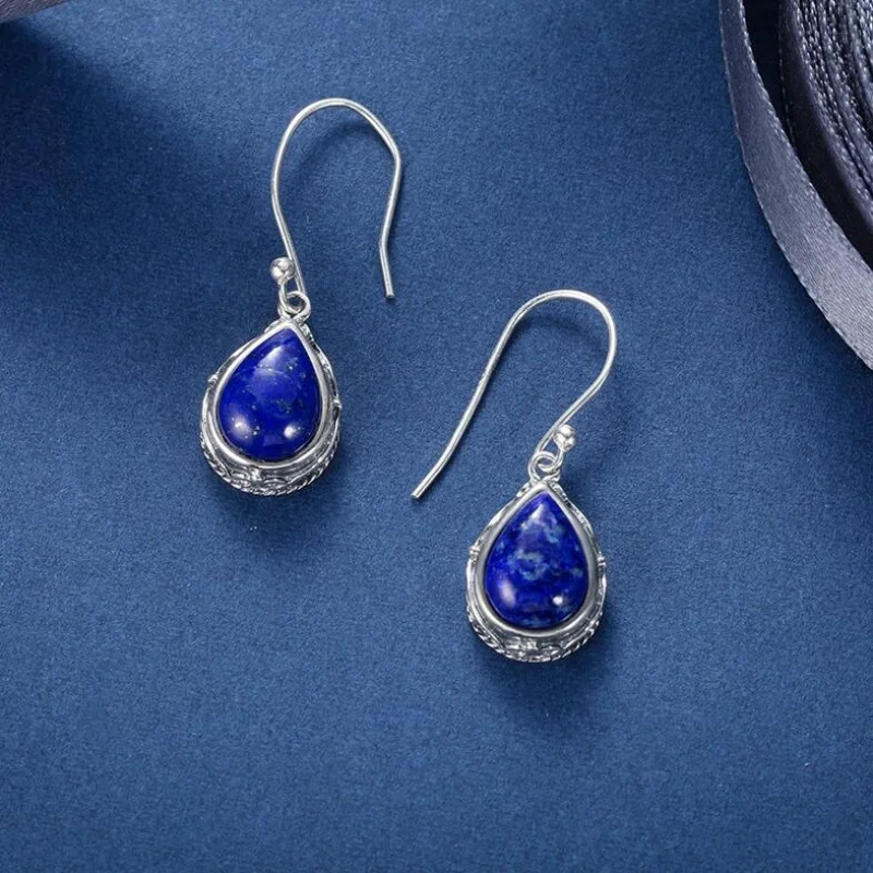 Silver Color Wedding Engagement Jewelry Water Drop Earrings for Women Natural Lapis Lazuli Earrings