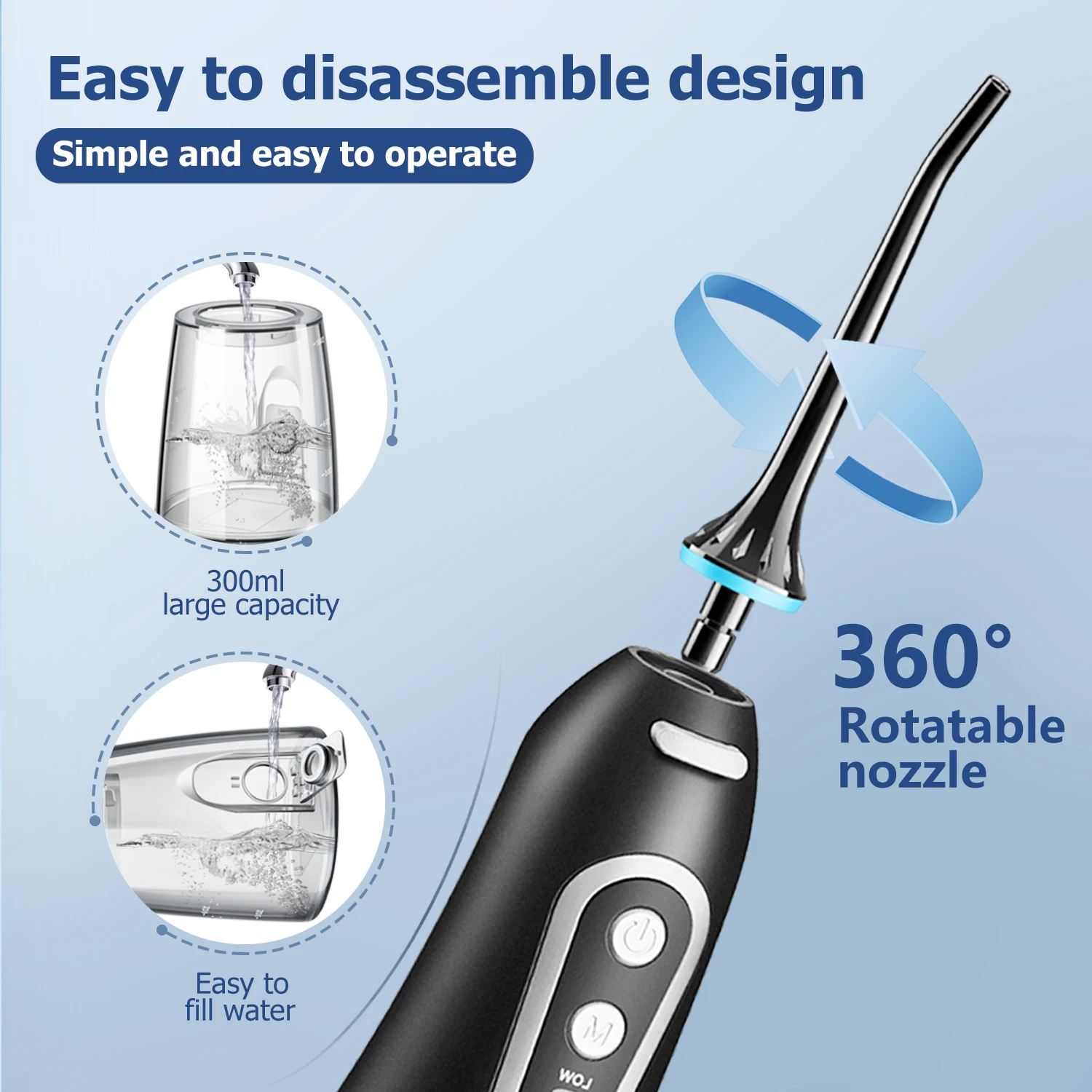 Irrigateur buccal aste par USB, jet d'eau dentaire portable, 300ml d'eau précieuse, nettoyeur de dents étanche pour les soins bucco-dentaires