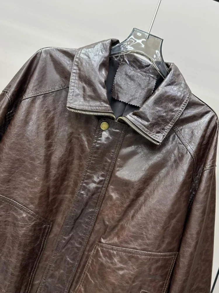 Amerikanischen Retro Stil Echtes Leder Revers Zipper Jacke Einfarbig Schaffell Lange Ärmel Lose Damen Taste Oberbekleidung