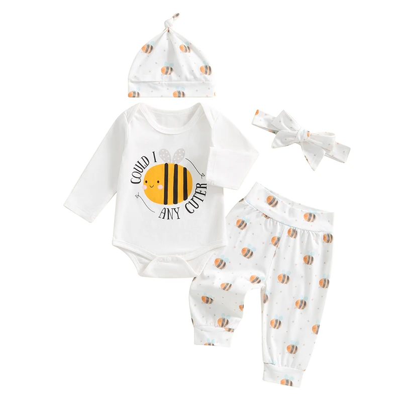 

Newborn Baby Boys Girls Bee Coming Home Outfit Could I be Any Cuter Bodysuit Pants Hat Headband 4pcs Set