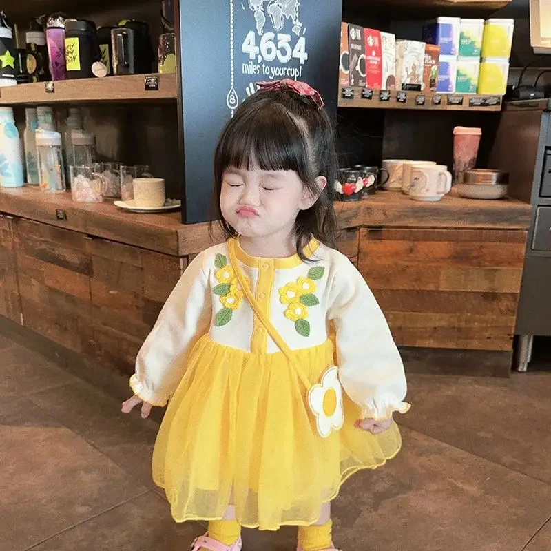 Autumn Yellow Flower Lace  Floral Dress Lolita Child Girls Casual Midi Dress Children Dresses For Teens Party Princess Sundress