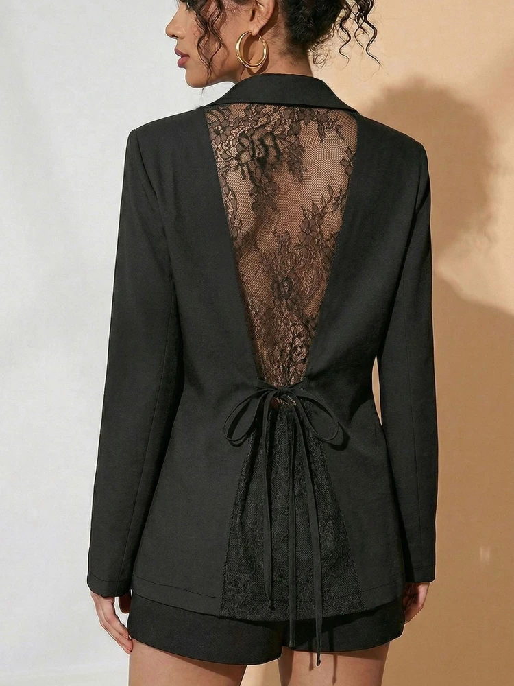 Elegant Lace Patchwork Blazer Women Fashion Notched Collar Long Sleeve One-button Perspective Sexy Versatile Suit Coat