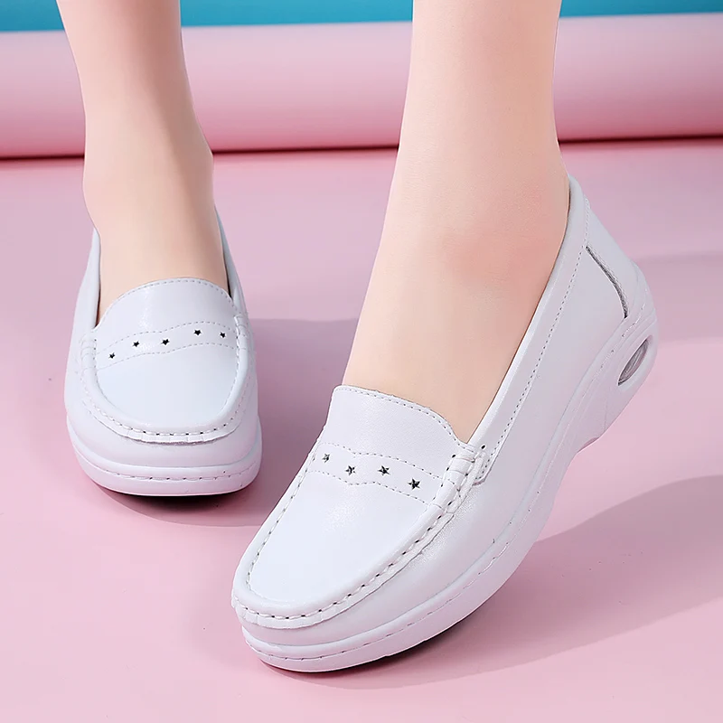 STRONGSHEN New Woman Nurse Flat Shoes Fashion White Slip on Comfort Moccains Leather Shoes Loafers Womaen Wedge Platform Sneaker