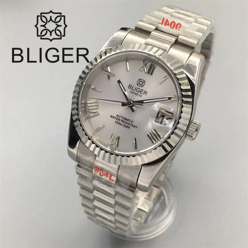 BLIGER Watch For Men 36mm/39mm NH35 Automatic Steel Strap Fluted Bezel Sapphire Glass Glide Lock Black Blue Green Gray Dial