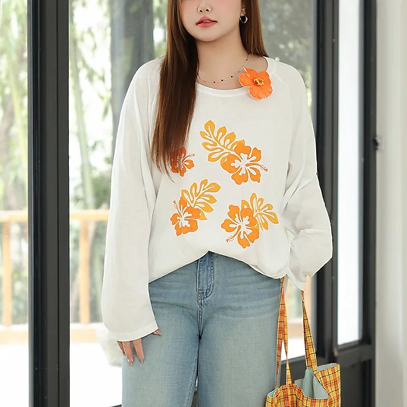 

Women's Plus Size Raglan Sleeve T-Shirt Premium Sun Protection Tropical Print Oversized Top Soft Casual American Style Summer