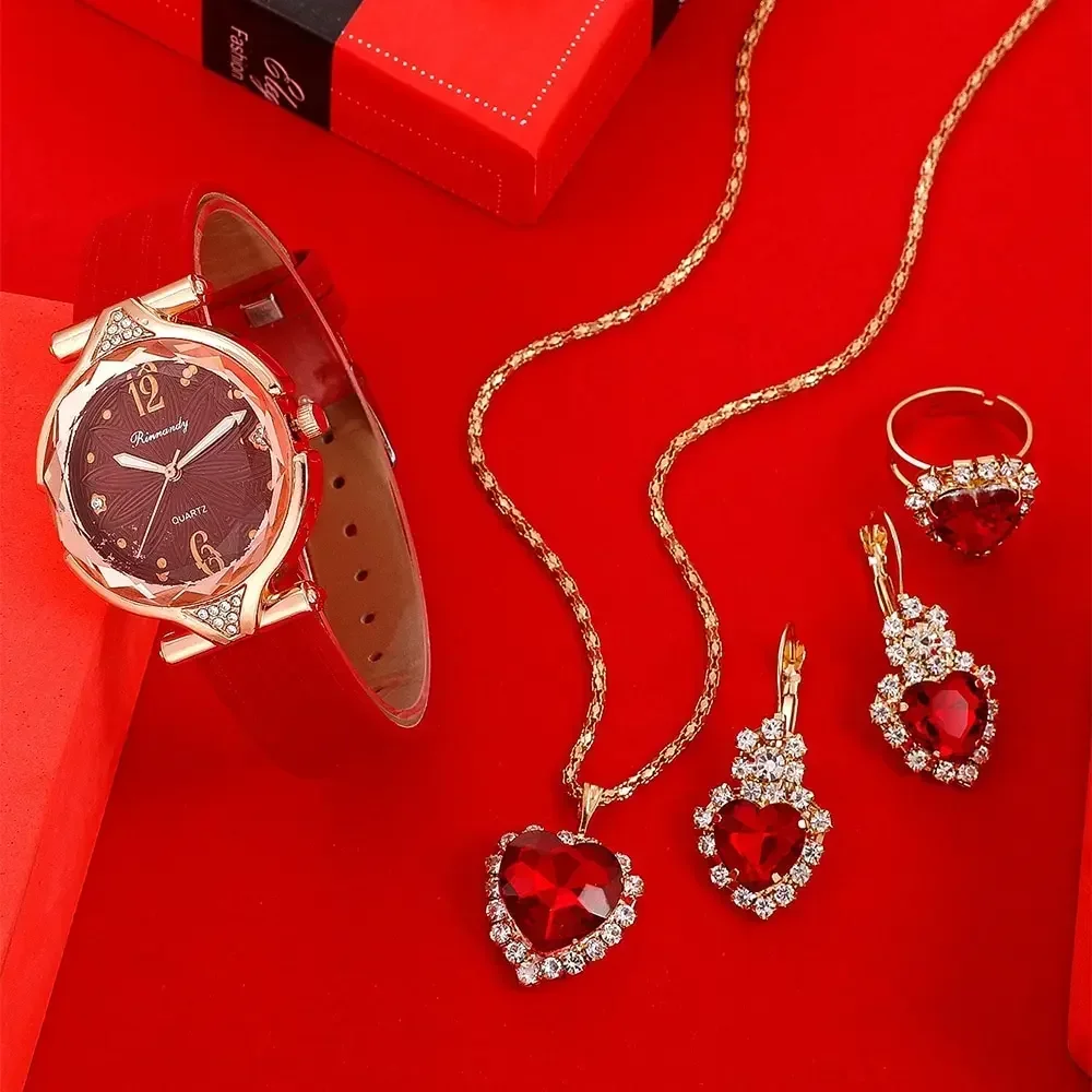 5PCS Set Fashion Women Rectangle Watches Ladies Dress Red Leather Quartz Watch Womens Necklace Earrings Bracelet Wrist Watch