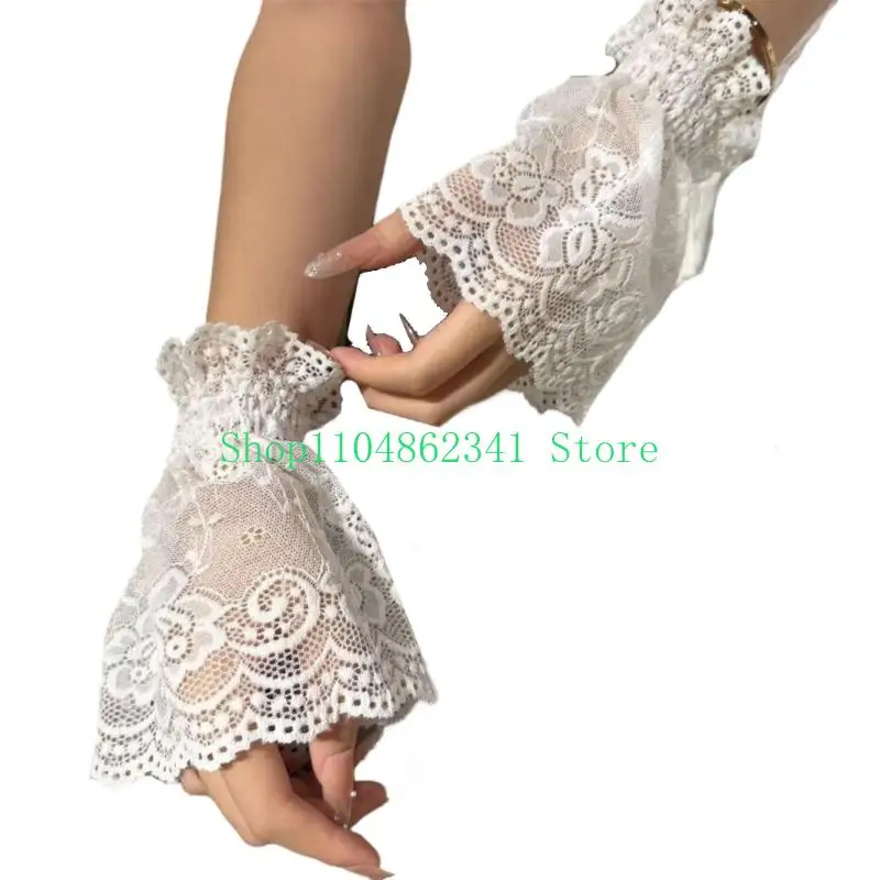 652F Sheer Lace Faux Sleeve Cuffs Pair for Adults Elastic Wrist Accent for Statement Layering, Costume Looks and Photo Use