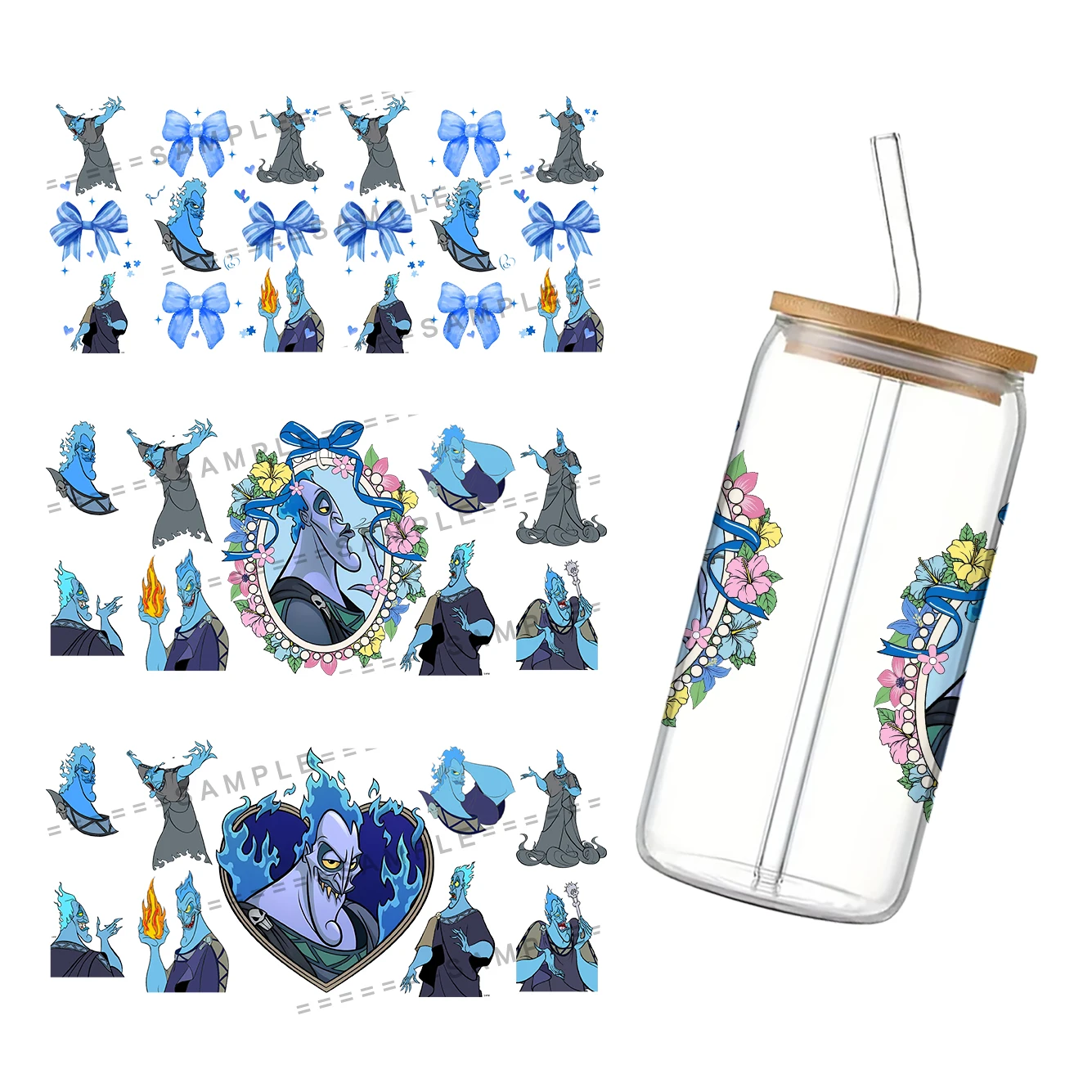 Disney dibujos animados Hades in Hercules diseño UV DTF impreso pegatina para taza de vidrio lata impermeable 11x24cm 16oz pegatina