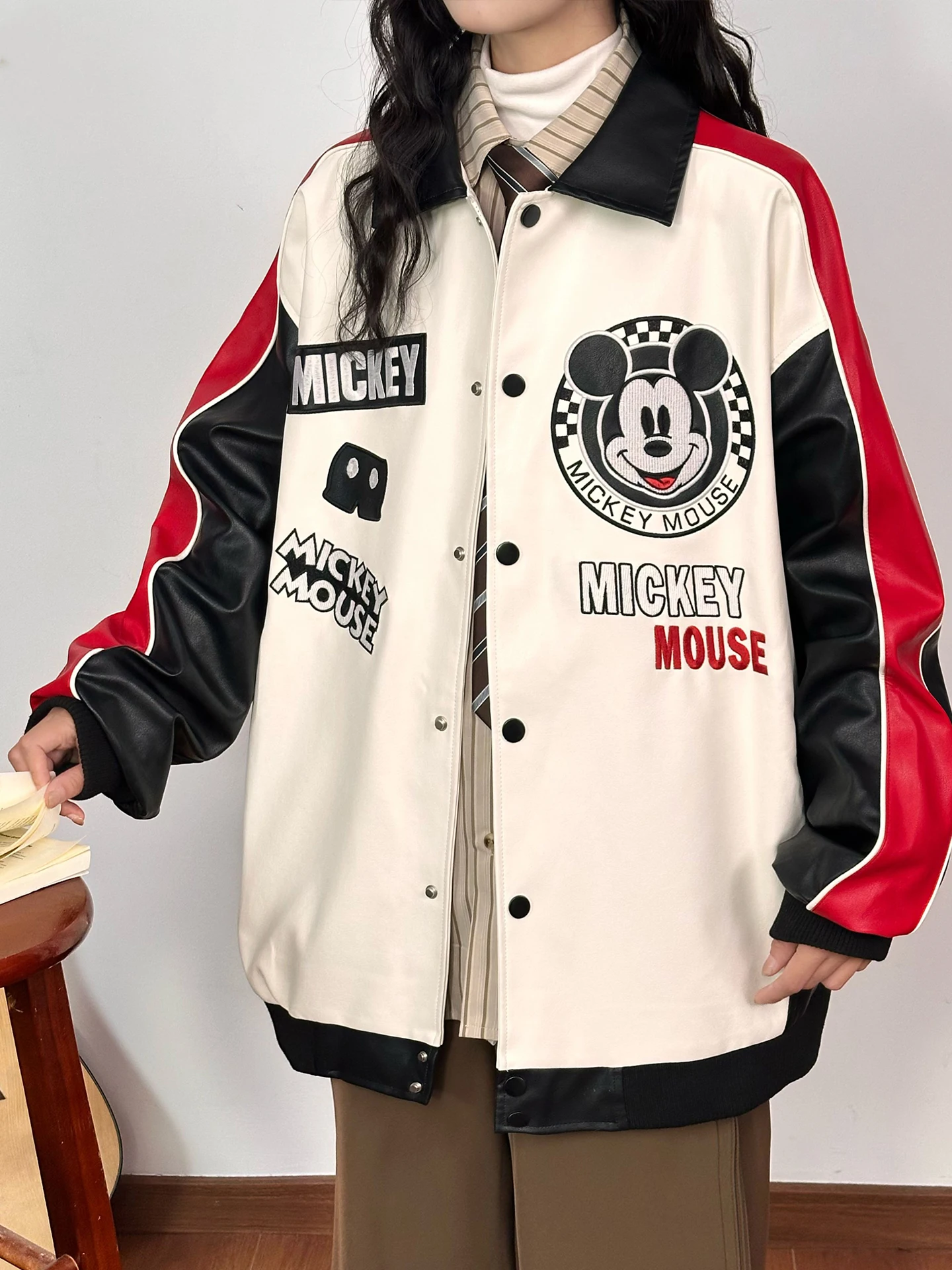 Americano retro dos desenhos animados bordado cor-bloco jaqueta de couro do plutônio para mulher solto casual único breasted casaco roupas femininas