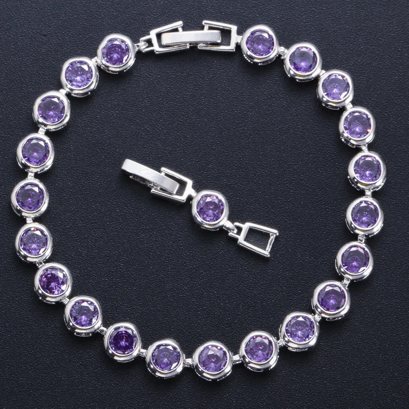 ThreeGraces Classic Silver Color Round Purple Cubic Zirconia Crystal Women Friendship Tennis Bracelets for Dancing Party BR108