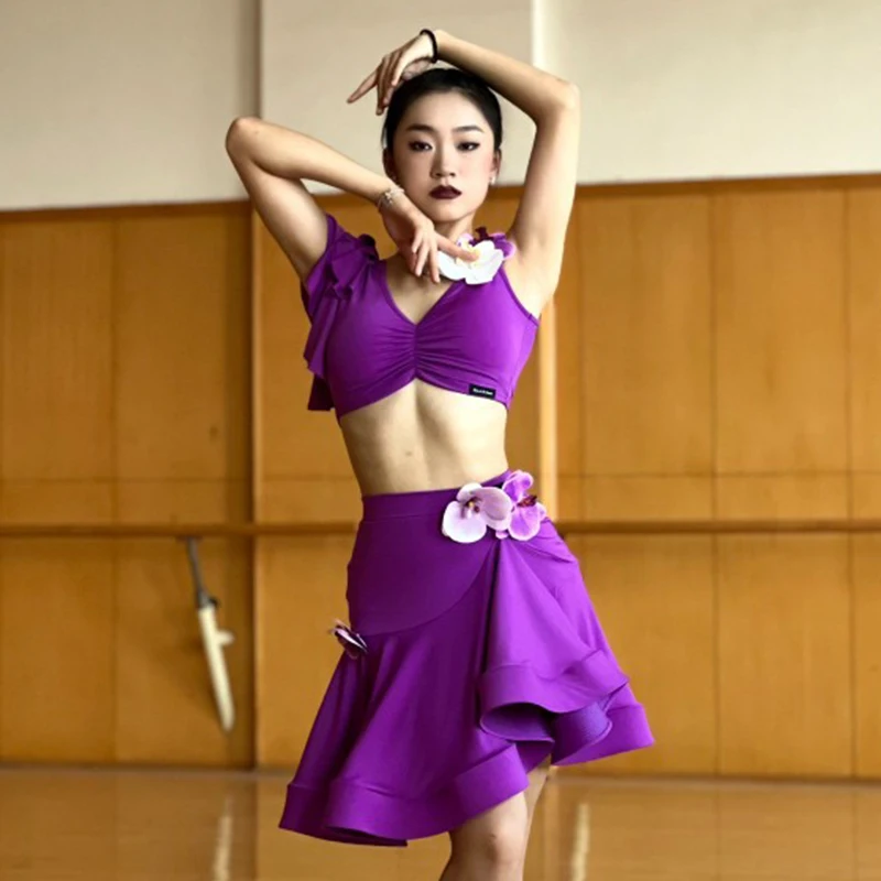 Latin Dance Costume Women Performance Suit Flower Tops Skirt Rumba Dance Dress Adult Latin Competition Prictice Wear DNV18241