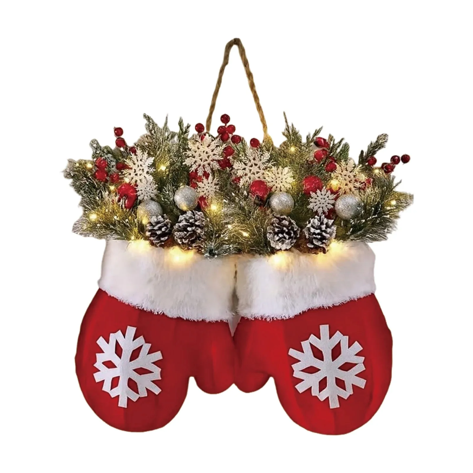 Warm LED Christmas Glove Garland Hanging Mitten Wreath With Snowflakes Greenery And Red Berries For Front Door Decoration