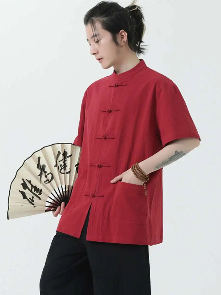 

Летняя мужская рубашка в стиле ретро из льна, костюм Тан, с коротким рукавом, большие размеры, Ханьфу, на пуговицах, повседневная этническая одежда