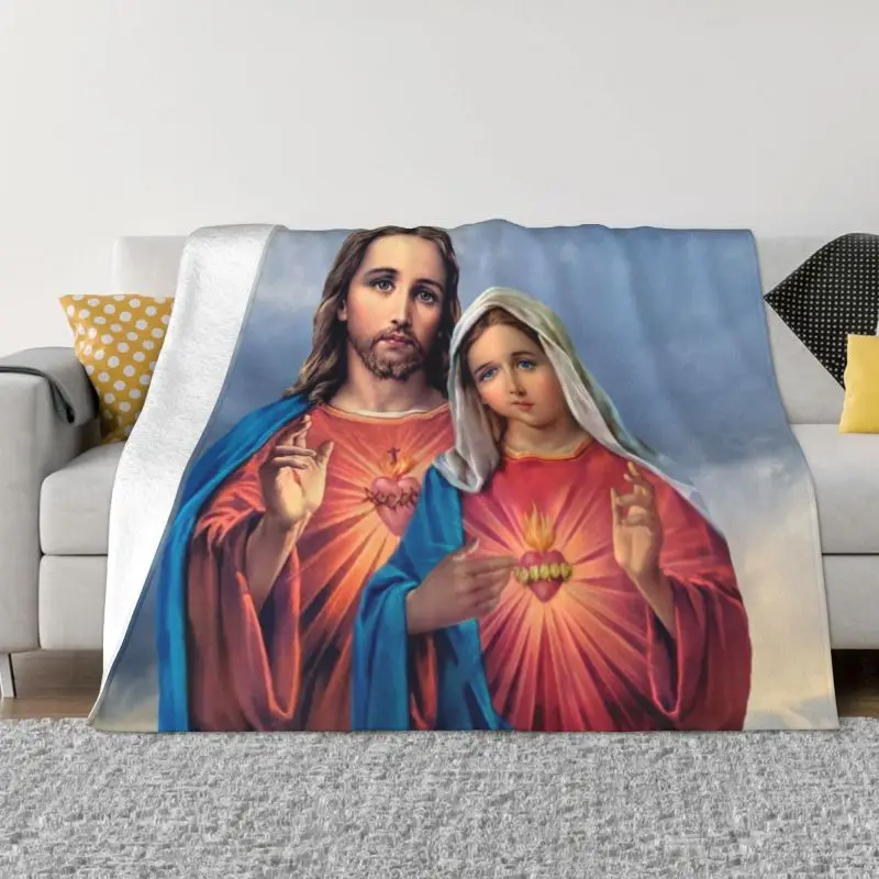 

Sacred And Immaculate Hearts Blankets Warm Flannel Catholic Jesus and Mary Throw Blanket for Sofa Bedroom Bedding