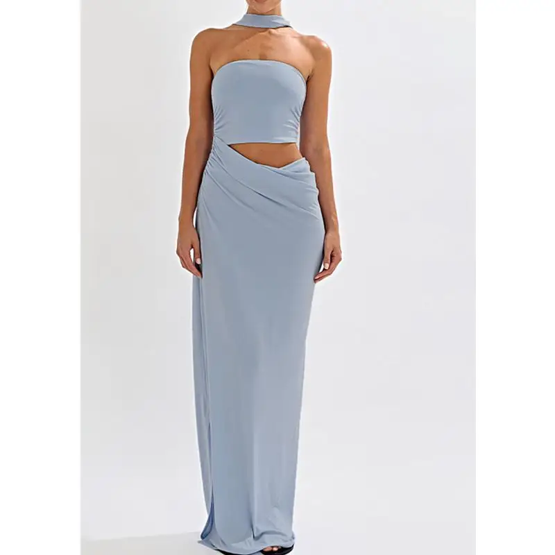 Frauen Sommer Beachwear Spitze-up Neckholder Geraffte Büste Bh Taille Ausschnitt Einfarbig Schlank Schlitz Bodycon Gerade Lange kleid