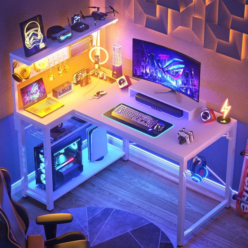 White 43 Inch L Small Gaming Desk with Power Outlets Pegboard LED Light,  Shaped Computer Desk with Monitor Stand Storage Shelve