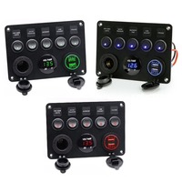 12V Waterproof Switch Panel with Digital Voltmeter Dual USB Port Multi-purpose 5-Button Outlet Combination Marine for Car Boat