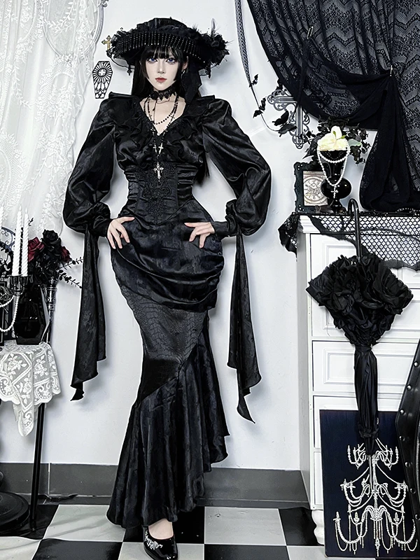 고딕 스타일 롱 스커트 여성용 브이넥 드레스 할로윈 코스프레 라이트 서브컬쳐 드레스 불규칙한 밑단 박쥐 소매 폴리에스터...