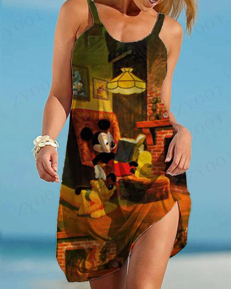 Robe de plage Vintage à volants pour femmes, tenue de soirée Disney, grande taille, avec bretelles en aiguille de pin, Mickey et Minnie, nouvelle