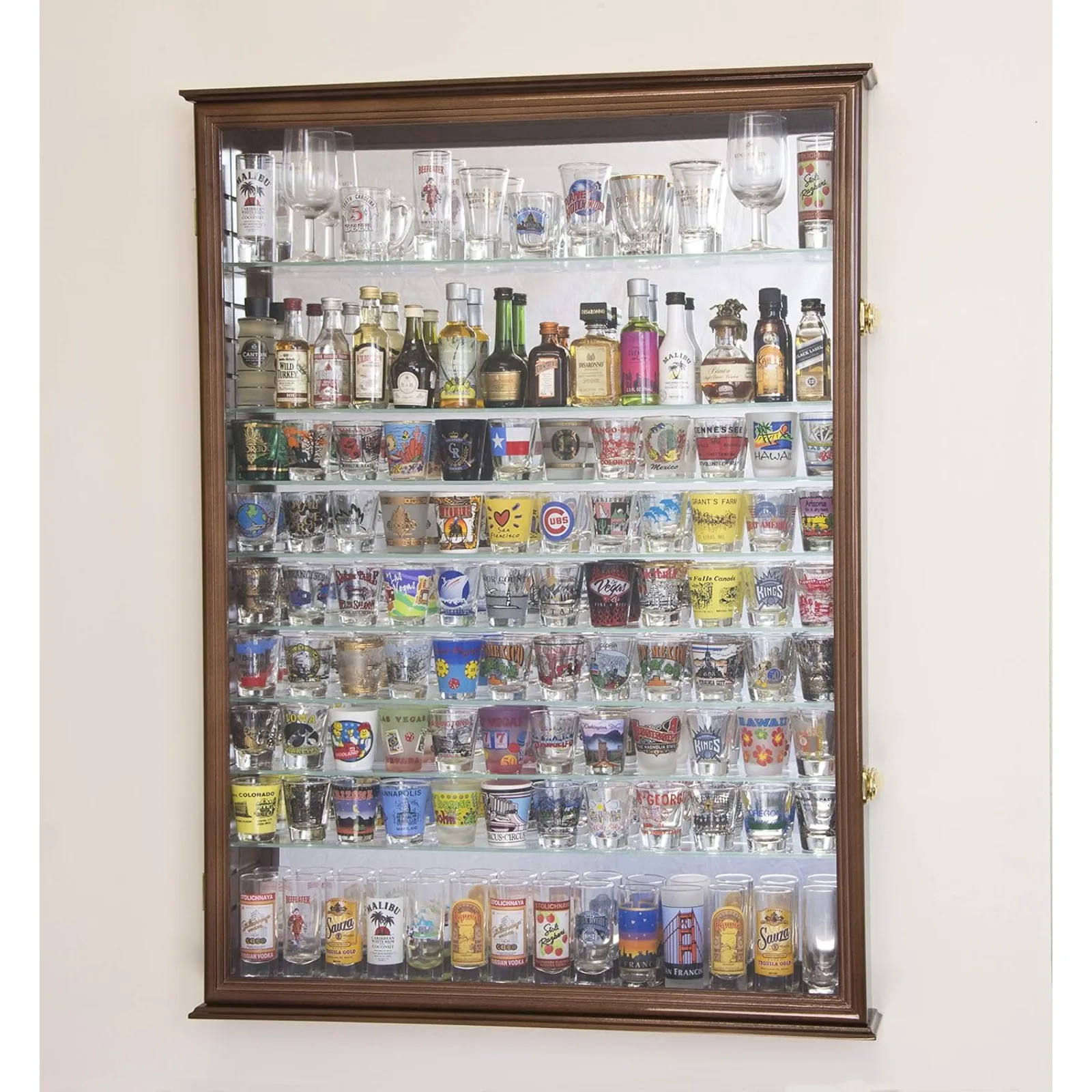 US XL Shot Glass Display Case Rack Holder Cabinet w/Mirror Backed and 11 Glass Shelves -Walnut