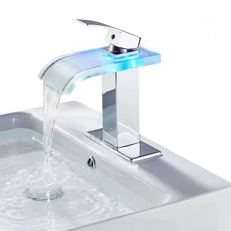 

Non-Electric LED Basin Faucet Brass Waterfall Bathroom Mixer Tap Deck Mounted Wash Sink Smart Hydropower Glass Taps