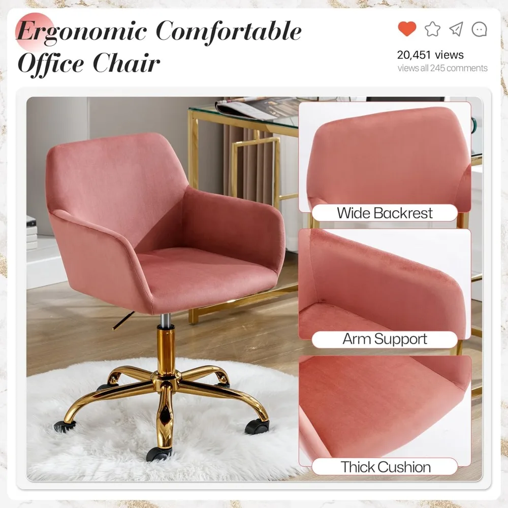 Pelliccia sintetica 360 ° Sedia da scrivania girevole, poltrona moderna da ufficio regolabile in altezza con base dorata per adolescenti, donne e ragazze, rivestimento