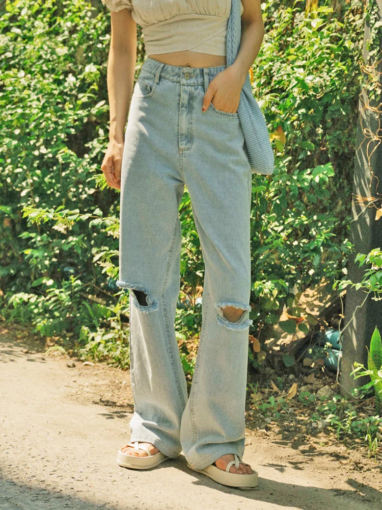 

Женские джинсы Queenop: Новинка Весна-Лето, длинные широкие брюки прямого кроя с молнией на талии, джинсовые штаны