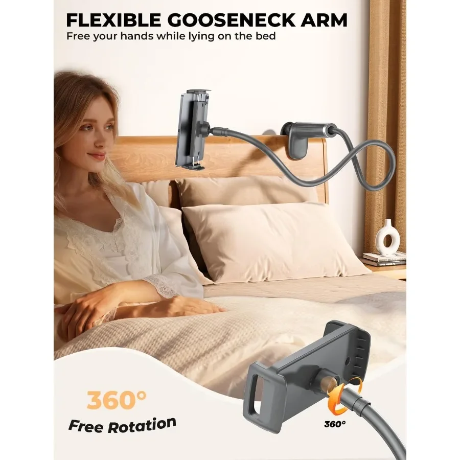 グースネック式スマホホルダー タブレットスタンド ベッド用：【回転ベース】調節可能なフレキシブルレイジーアーム、2つのクリップ付き スマホ・タブレットホルダー マウントC