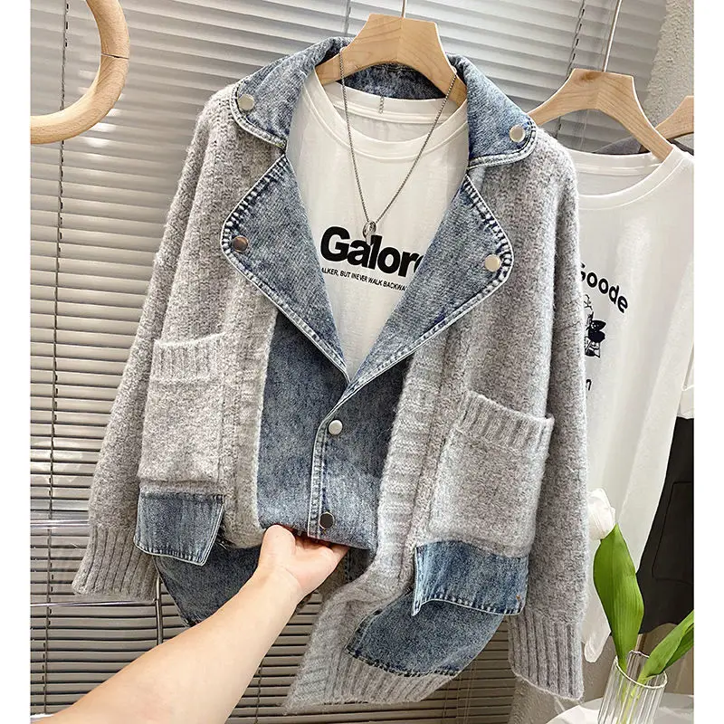 

2023 New Autumn Winter Women Splicing Denim Jacket Women Long Sleeve Jean Jackets Female Loose Sweater Cardigan Jacket