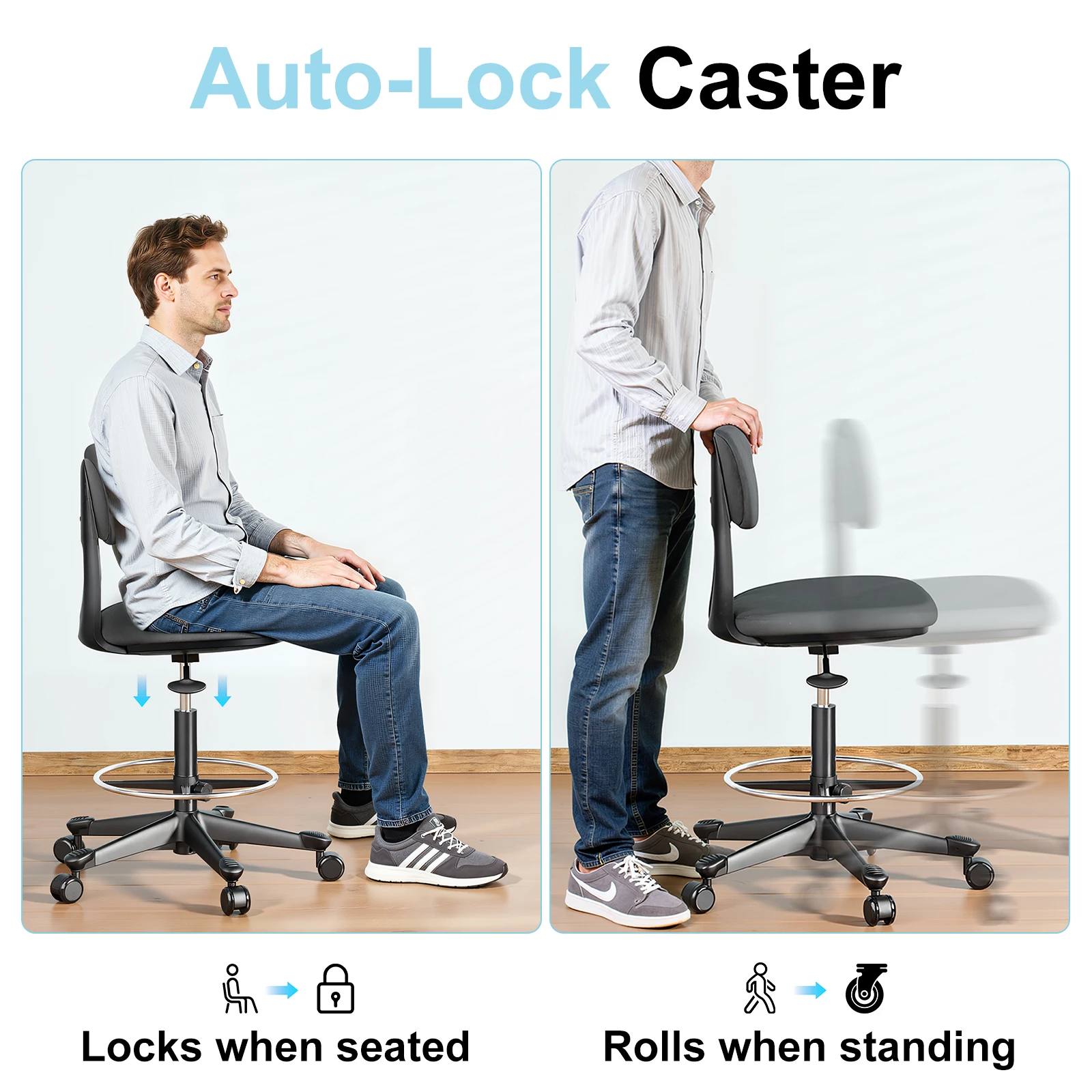 Drafting Stool with Back Support Height Adjustable Standing Desk Stool with Back & Foot Rest for Studio, Lab, Office or Home