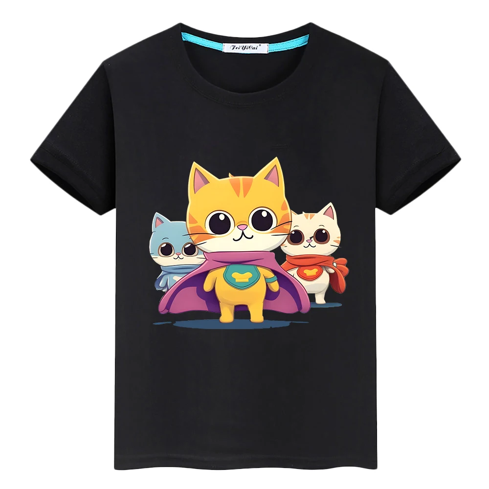 Camiseta fofa super gatinha 100% algodão, tops com estampa curta, camisetas casuais de anime para crianças, roupas para meninos e meninas, Y2K, 1 pc, verão