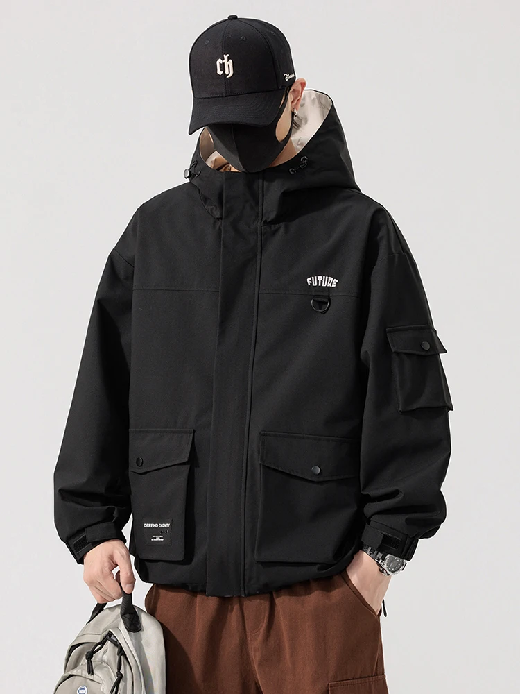 2025 New Spring Autumn Men\'s Casual Jackets Multi-Pockets Hooded Windbreaker Windproof Loose Coat Plus Size 6XL 7XL 8XL