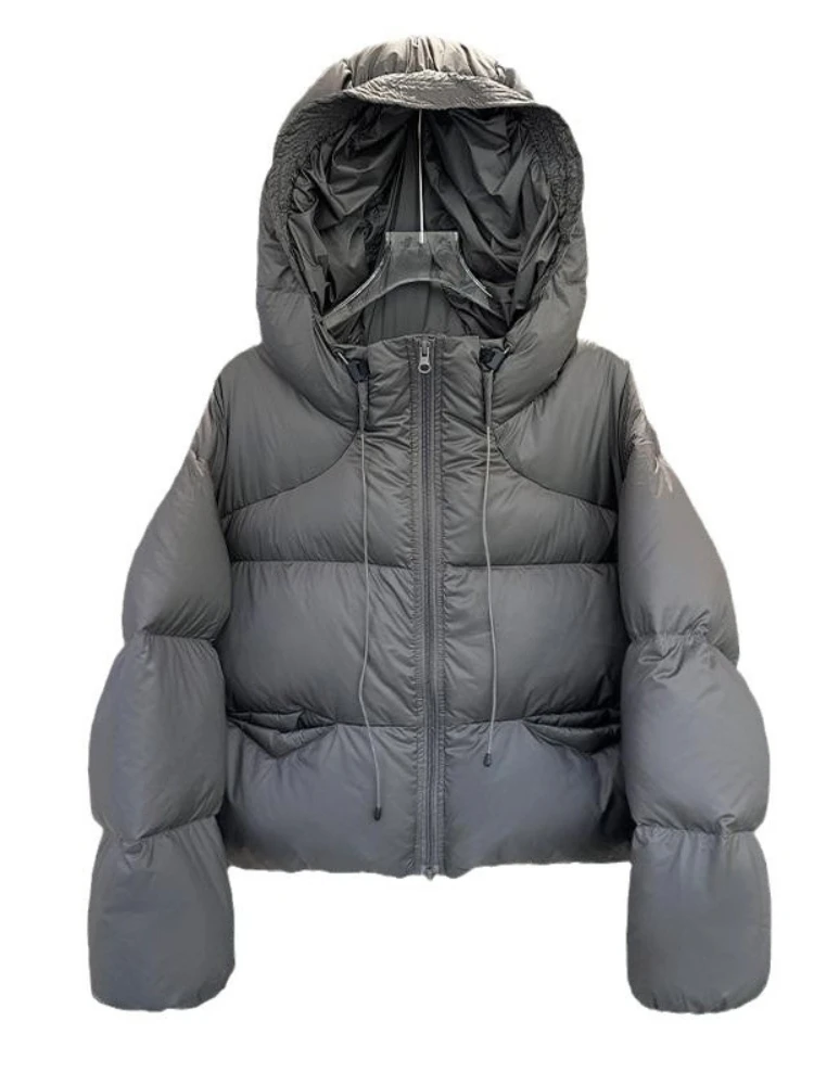 90% الأبيض بطة أسفل سترة المرأة عادية كبيرة الحجم رمادي مقنعين كم طويل نفخة معطف 2025 سميكة الدافئة الصلبة قصيرة سترات أبلى