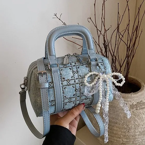 

2025 Korean Style Bowling Bag for Women Premium Colorblock Shoulder Purse Trendy Crossbody Pillow Fashionable Chic