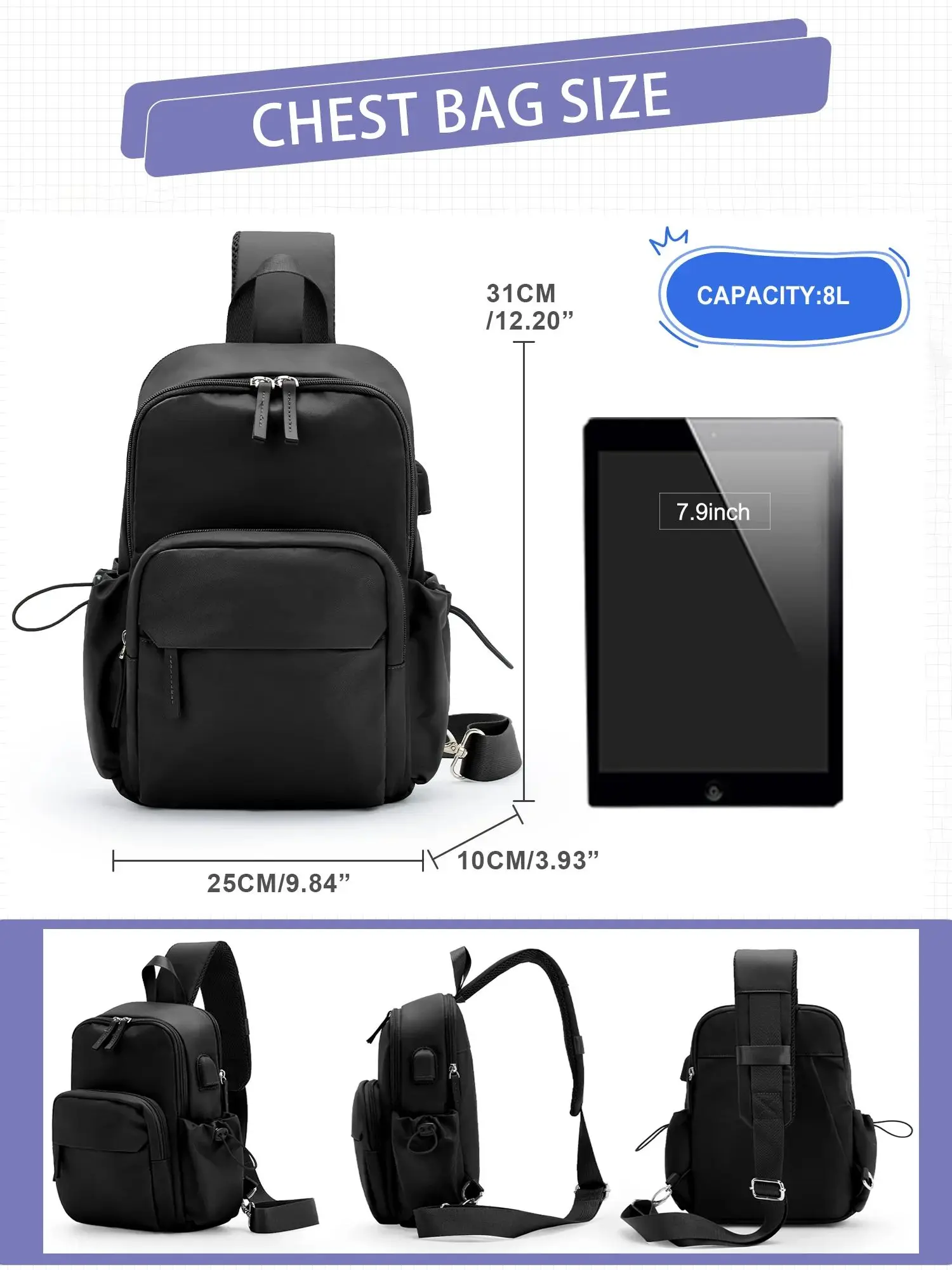 Versatile Chest Bag for Men Women Casual Sports Crossbody Bag Fashion Small Shoulder Bag with USB Charging Large Capacity Waist